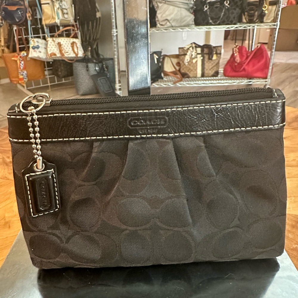 Coach Black Signature Fabric Wristlet with Leather Trim